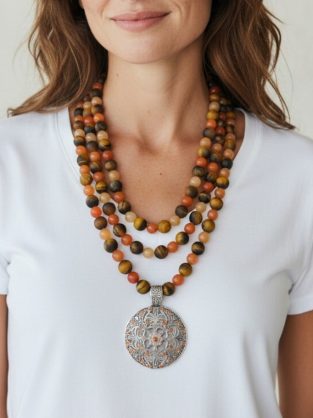 Multi-Strand Natural Stones & Glass Beaded Pendant Necklace